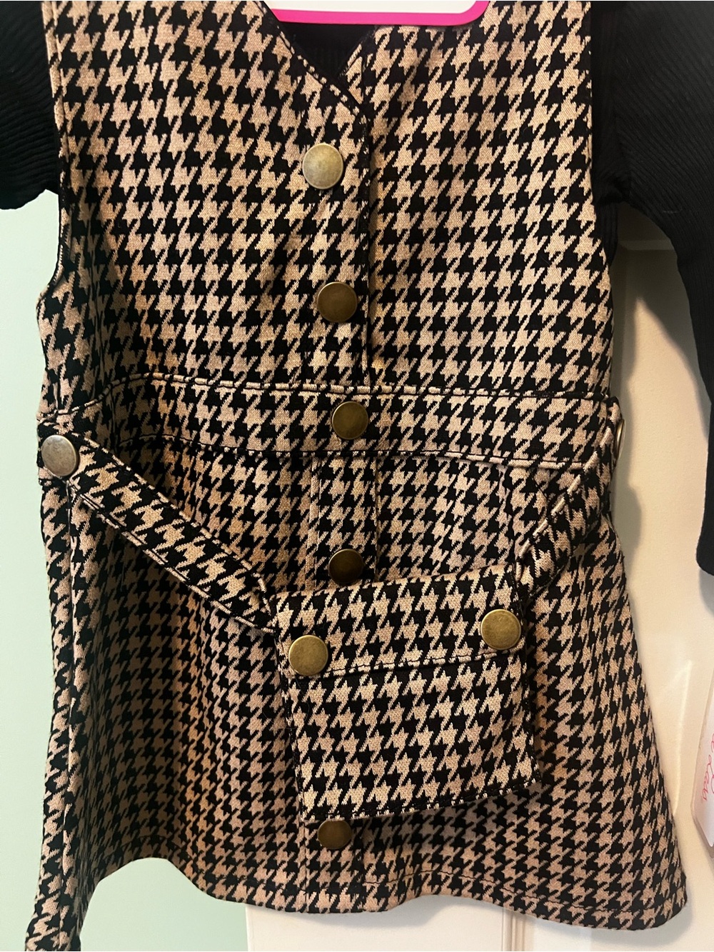 Little Lass Black & Brown Houndstooth Pinafore Set with Bow - Picture 3 of 4